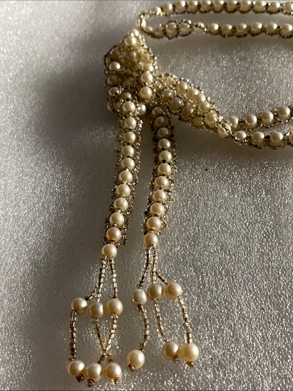 Pearl Beaded Lariat Necklace / Belt Cream and Gold